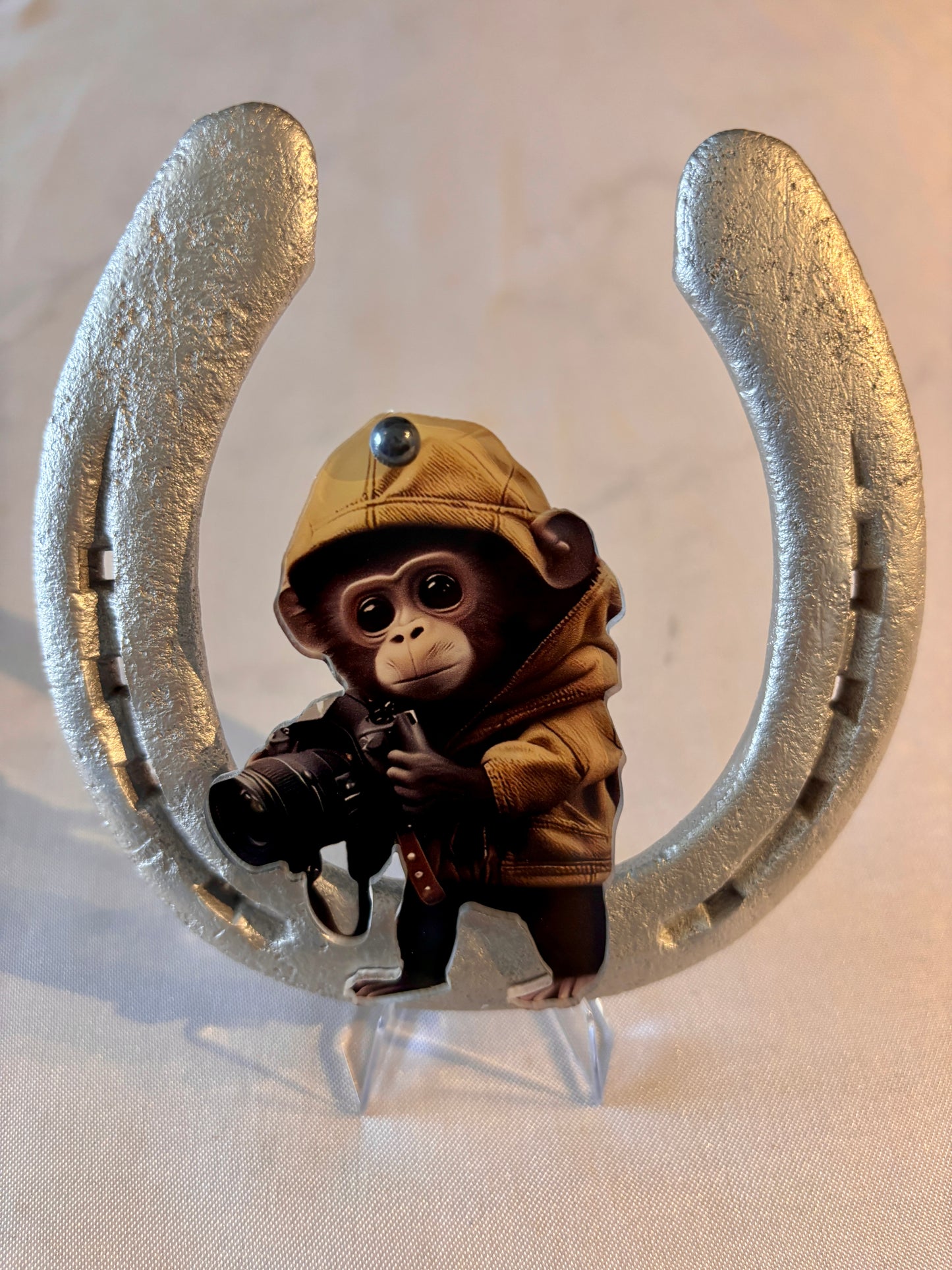 fer à cheval et son photographe le singe