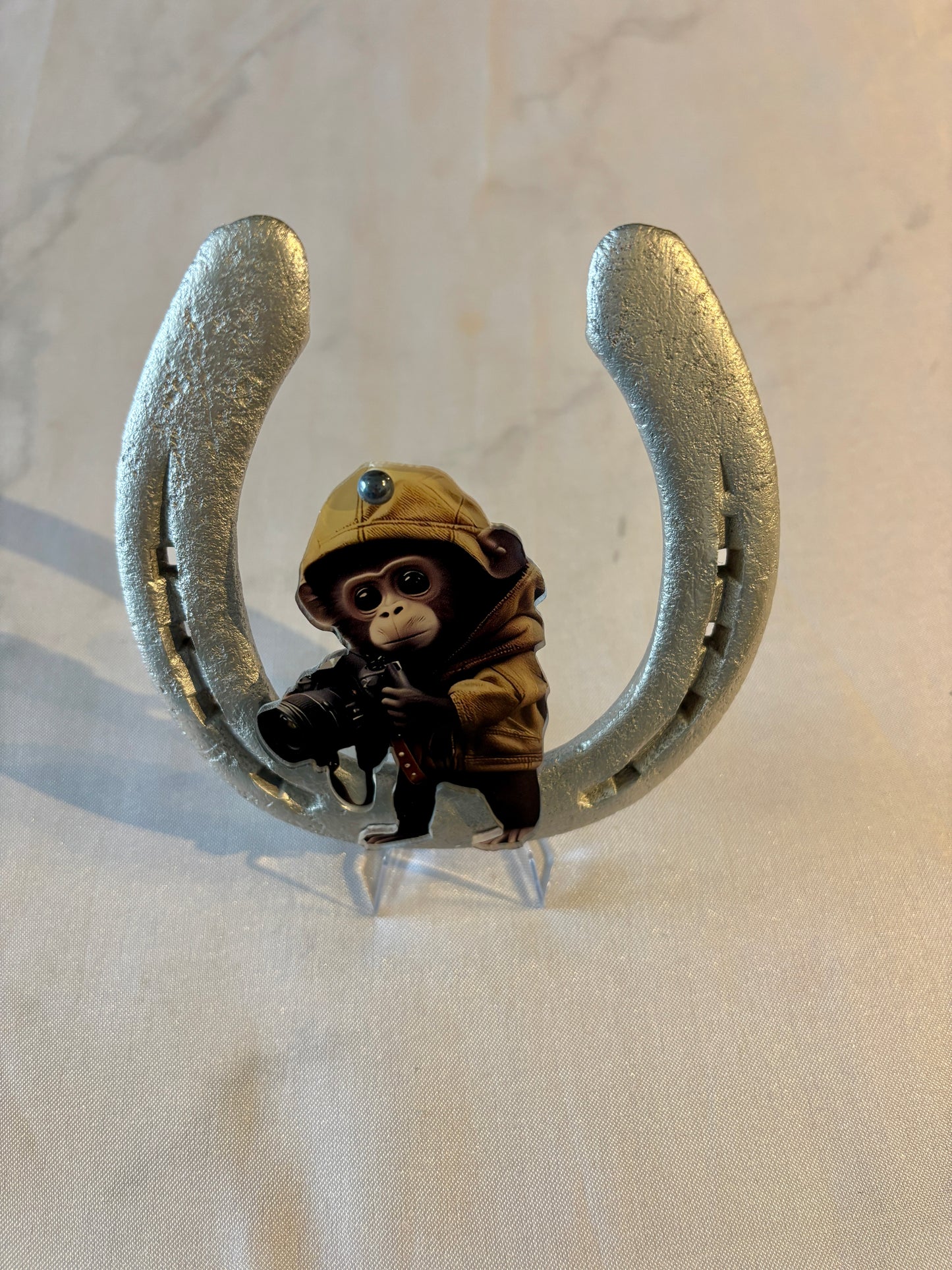fer à cheval et son photographe le singe